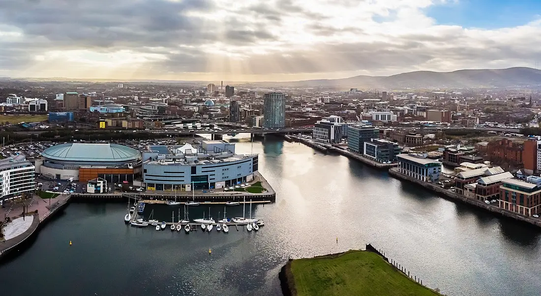 Aerial view of Belfast which is the location for Nisos' cybersecurity tech centre.