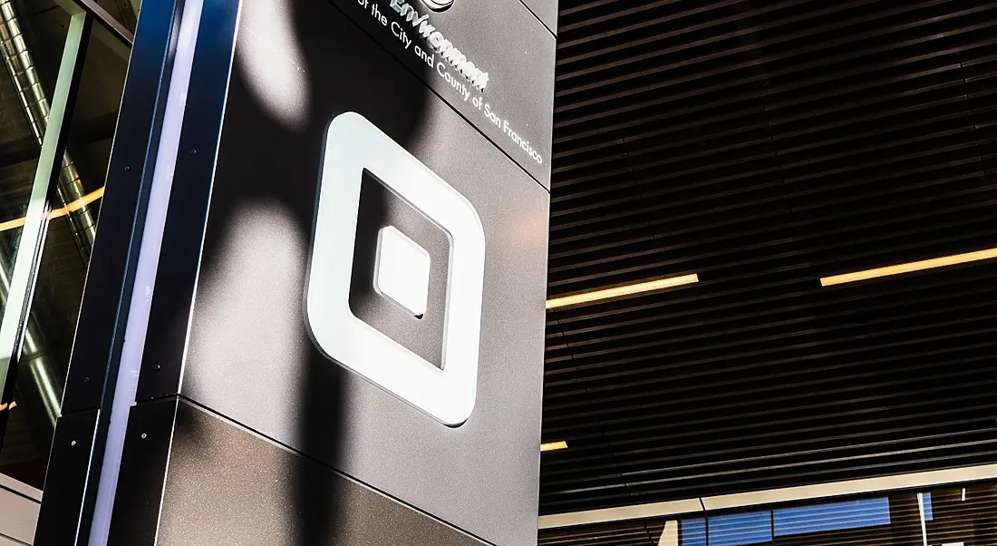 The Square logo on a tall signpost outside its office in California.