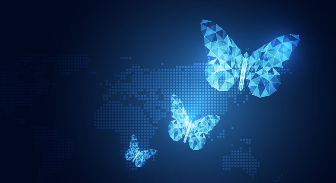 A digital rendering of three pixelated butterflies of different sizes against a pixelated image of a map of the world.