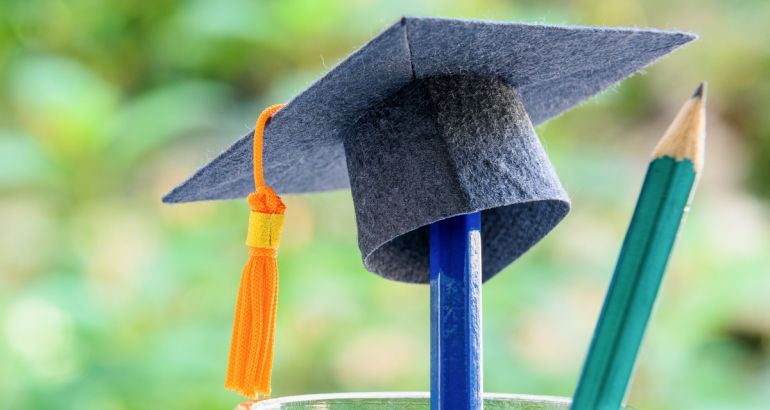 A small graduation cap sits on top of a blue pencil inside a jar beside another pencil against an out-of-focus background of greenery. It symbolises doctoral graduates.