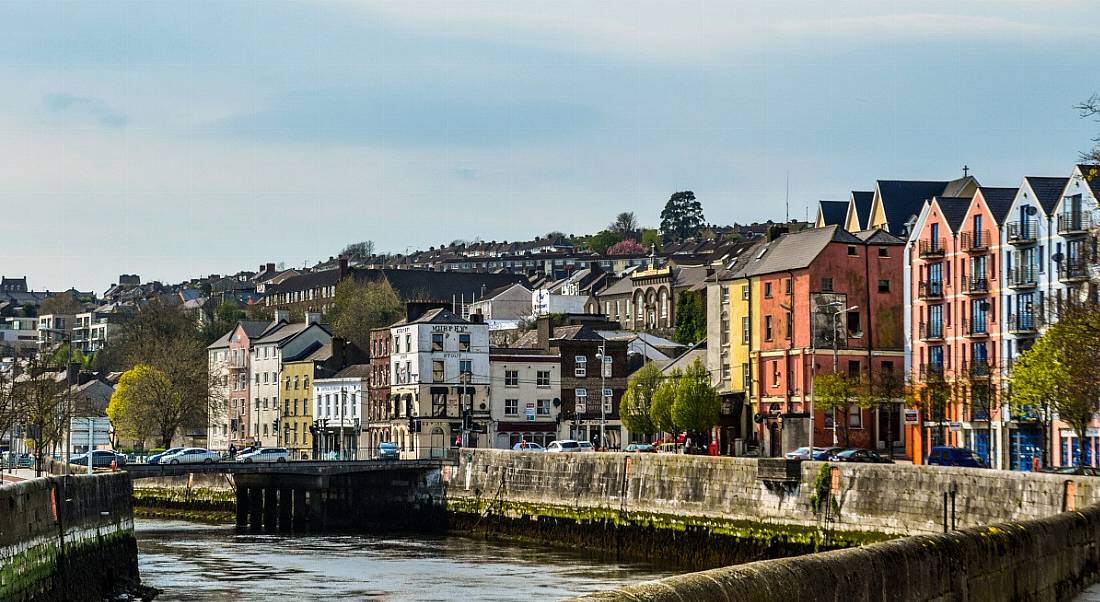 Scenic shot of houses and buildings along the river Lee in Cork City.