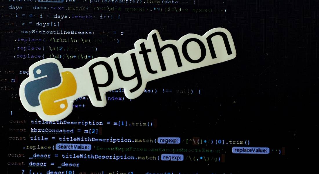 Python logo against computer screen background with code displayed on it.