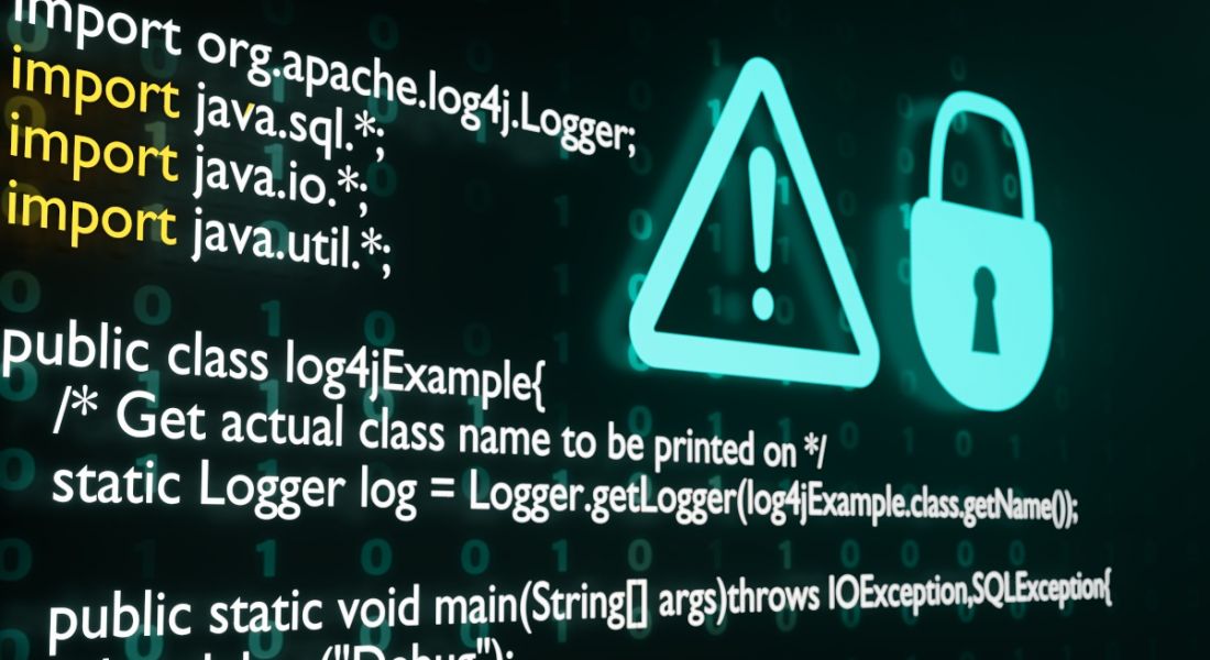 Log4j vulnerability appearing on a computer screen with turquoise lock and caution icon superimposed over.