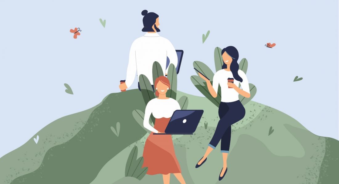 An animation of three workers with coffee and laptops sitting on a green lawn surrounded by butterflies, symbolising workplace wellness.