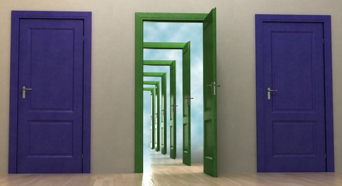 A green door frame opening to reveal more opening green door frames inside surrounded on either side by two purple closed doors.