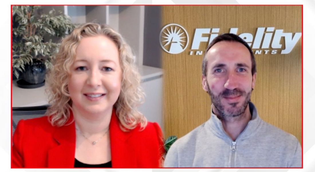 Two profile images merge at the centre. On the left is a blonde woman in a red blazer. On the right is a young man in a cream jumper.