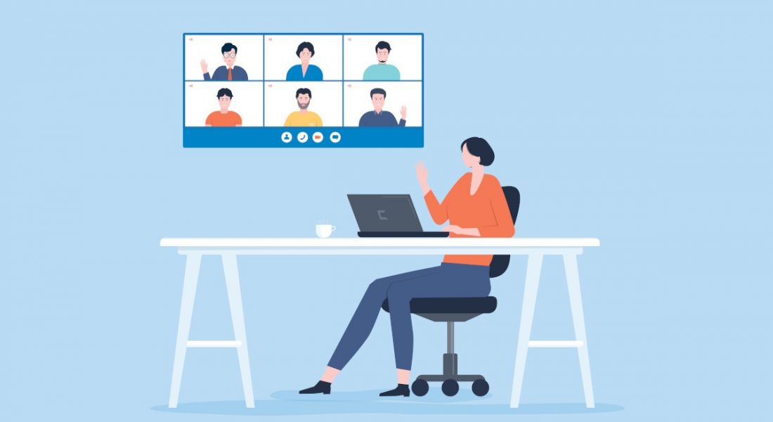 A cartoon image of a woman remote working at a desk. Above her is a screen that shows six people in a virtual meeting.
