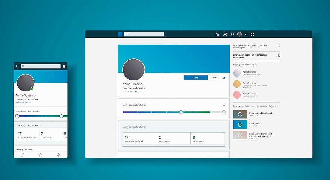 The LinkedIn interface on a laptop and on a smartphone against a blue background.