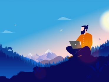 A cartoon of a man, working at his laptop while sitting on a remote mountainside.