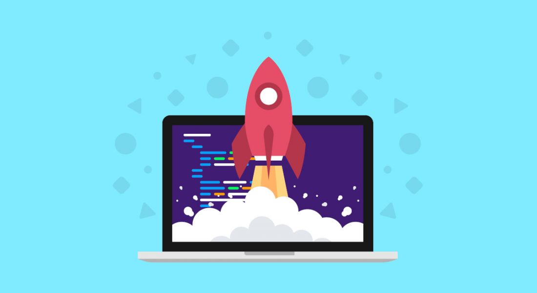 A cartoon image of a rocket taking off from a laptop computer screen that also has some code on it.