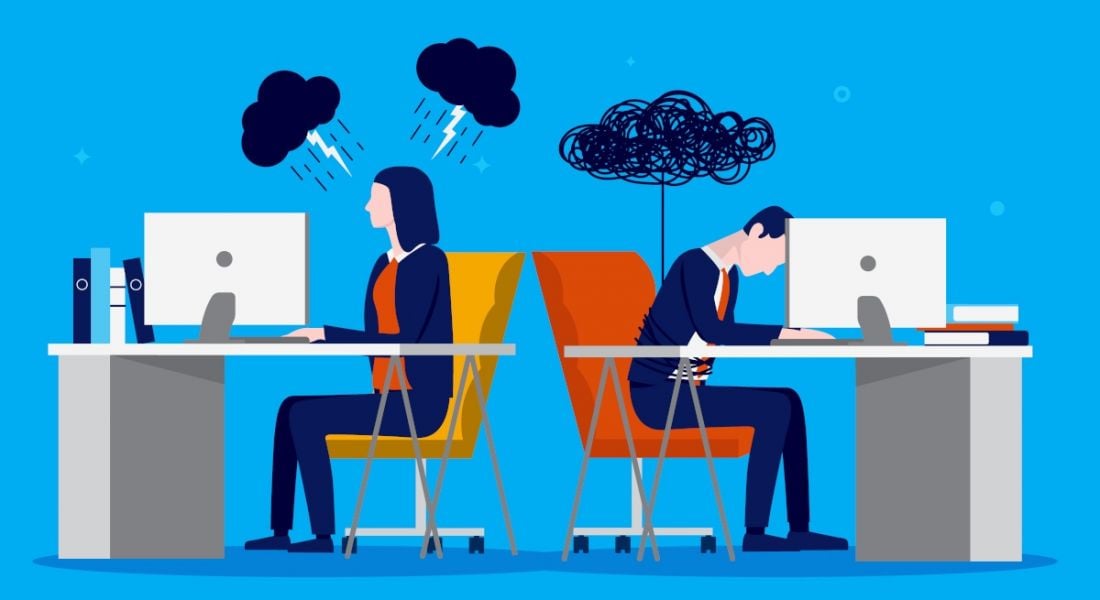 A cartoon of a man and a woman sitting at desks back-to-back working on computers. They both have different storm clouds over their heads, symbolising being anti-work.