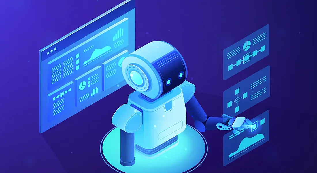 Illustration of a robot looking at three data screens. Behind him is one large screen showing more graphs.