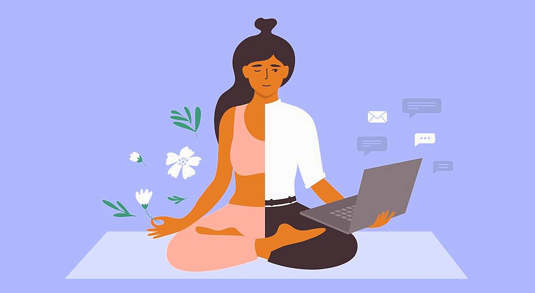 Illustration of a woman where one half of her body is dressed in loungewear and in a meditative lotus position while the other half is in casual workwear, sitting cross-legged with a laptop in one hand.