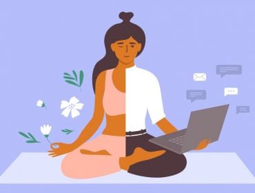Illustration of a woman where one half of her body is dressed in loungewear and in a meditative lotus position while the other half is in casual workwear, sitting cross-legged with a laptop in one hand.