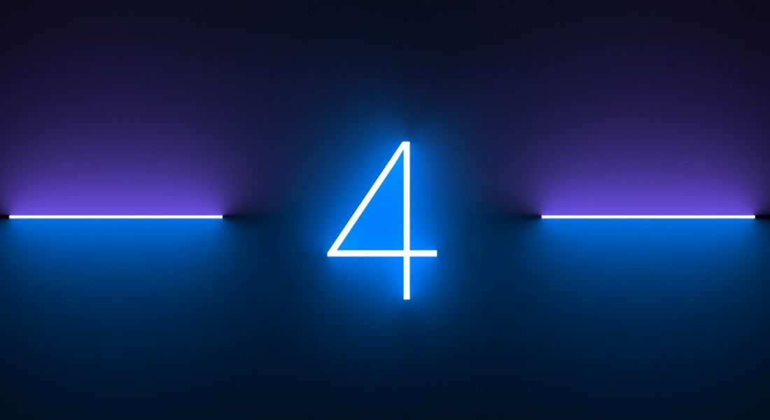 A blue neon light in the shape of a number four against a dark background.
