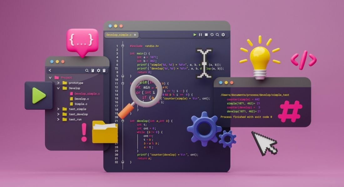 Cartoon of different software and operations tools with icons around them on a pink background.