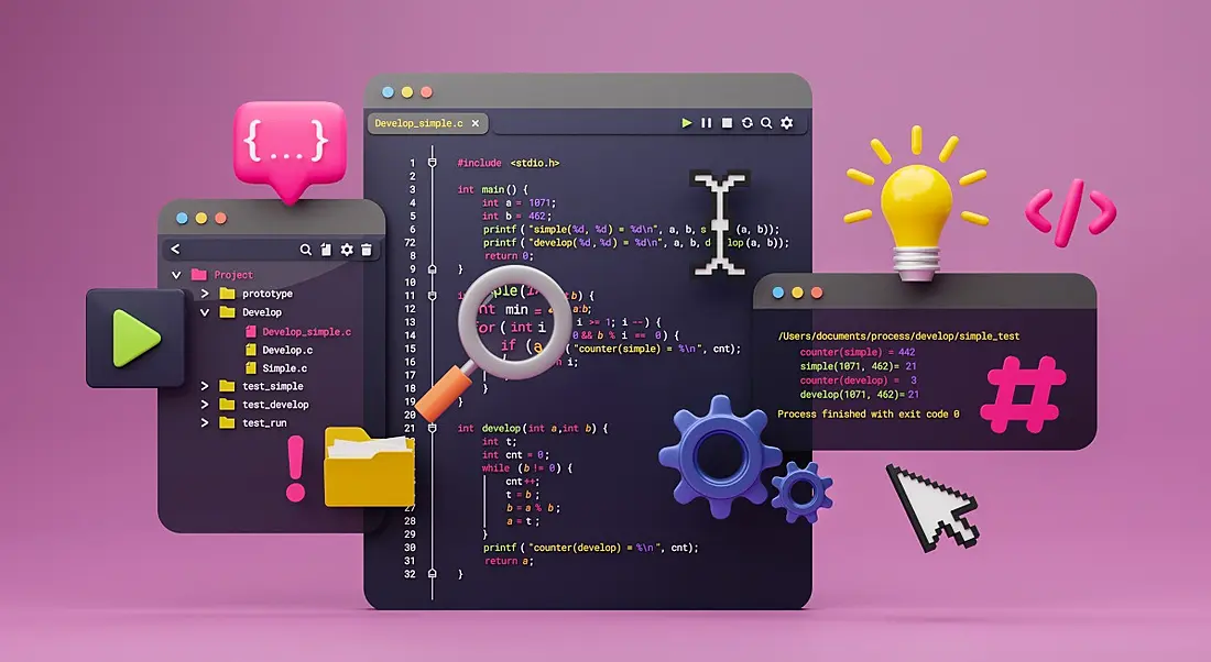 Cartoon of different software and operations tools with icons around them on a pink background.