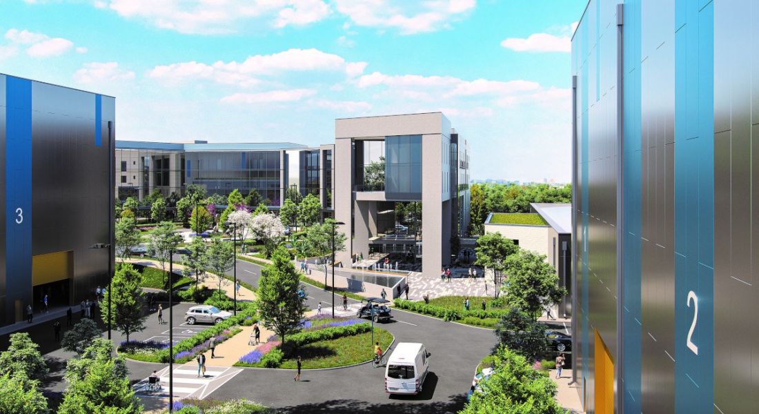 Artist's impression of a campus of modern buildings with a carpark lined by trees.