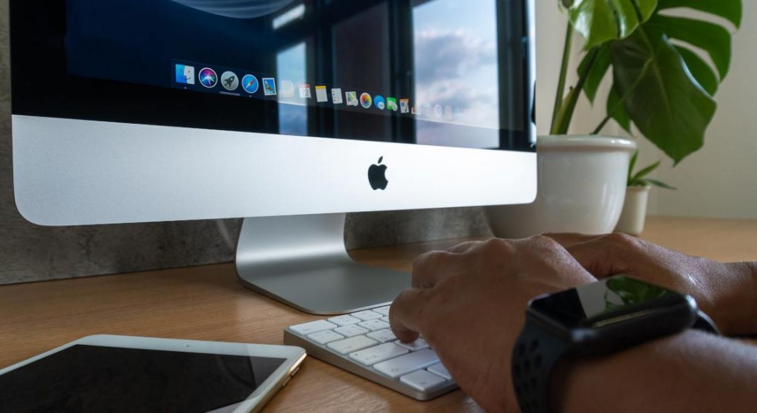 Worker's hands typing on a keyboard in front of an Apple iMac computer in an office environment with a plant on the table.