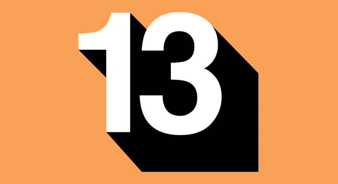 Bright orange background with number 13 in white text outlined in black.