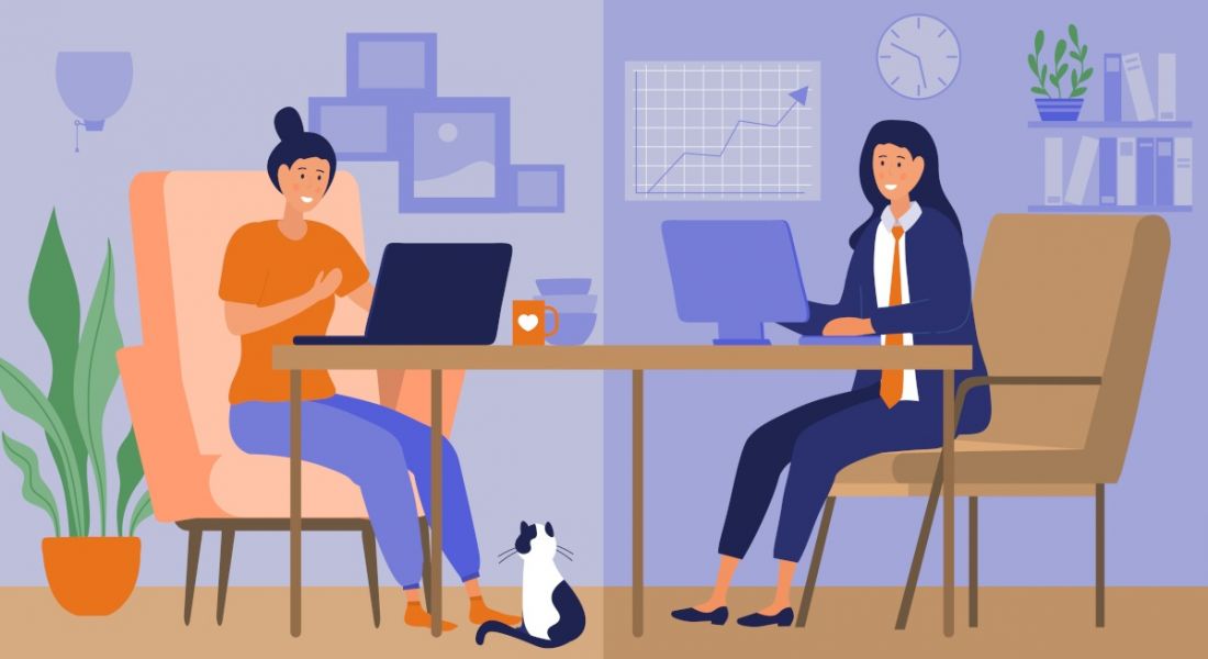 Cartoon showing an office worker and a remote worker working from home.