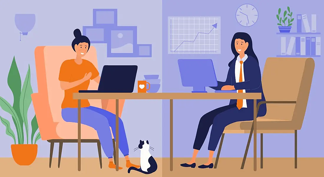 Cartoon showing an office worker and a remote worker working from home.