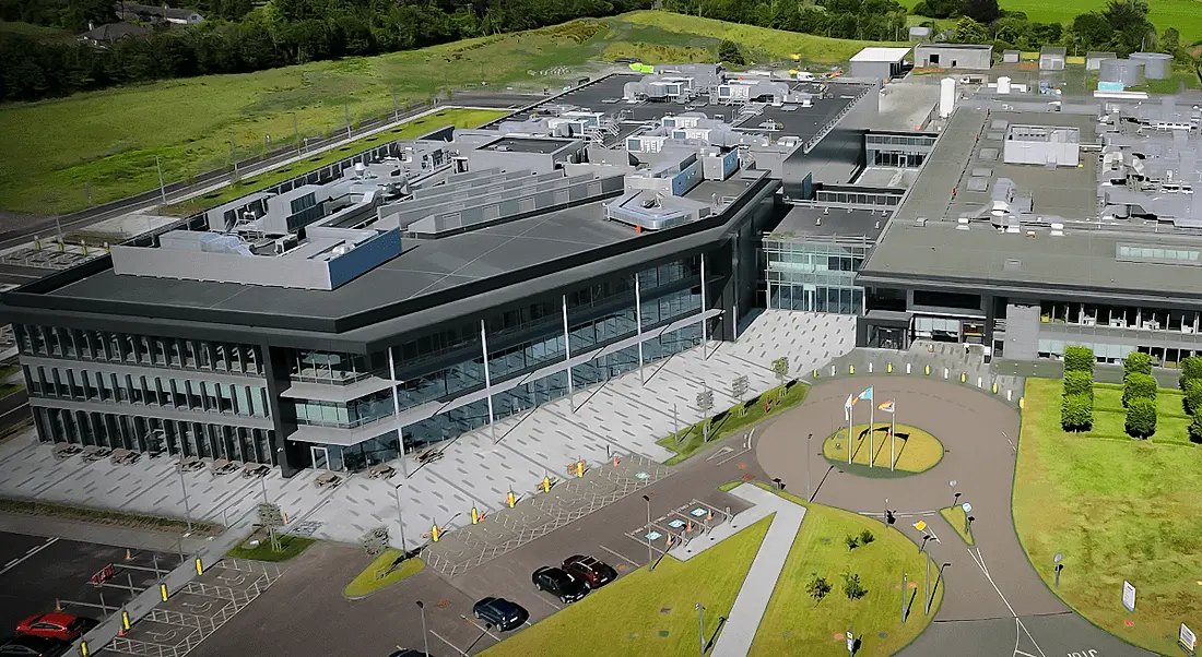 An artist’s rendering of a large Stryker manufacturing facility surrounded by green fields in Cork.