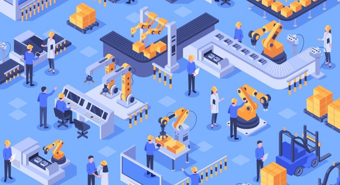 Cartoon image of several workers in hard hats on a large manufacturing floor surrounded by intelligent machines.