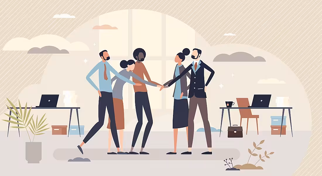 Cartoon of a group of workers in an office putting their hands in together to symbolise a good company culture.