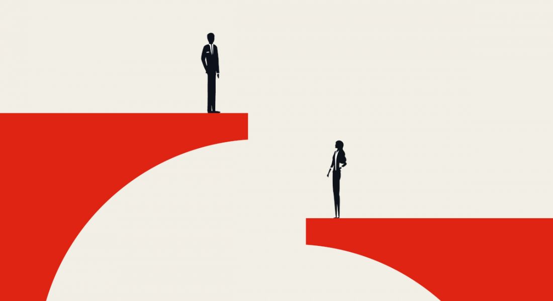 Gender pay gap cartoon with man standing on a high red ledge and woman on a low red ledge.