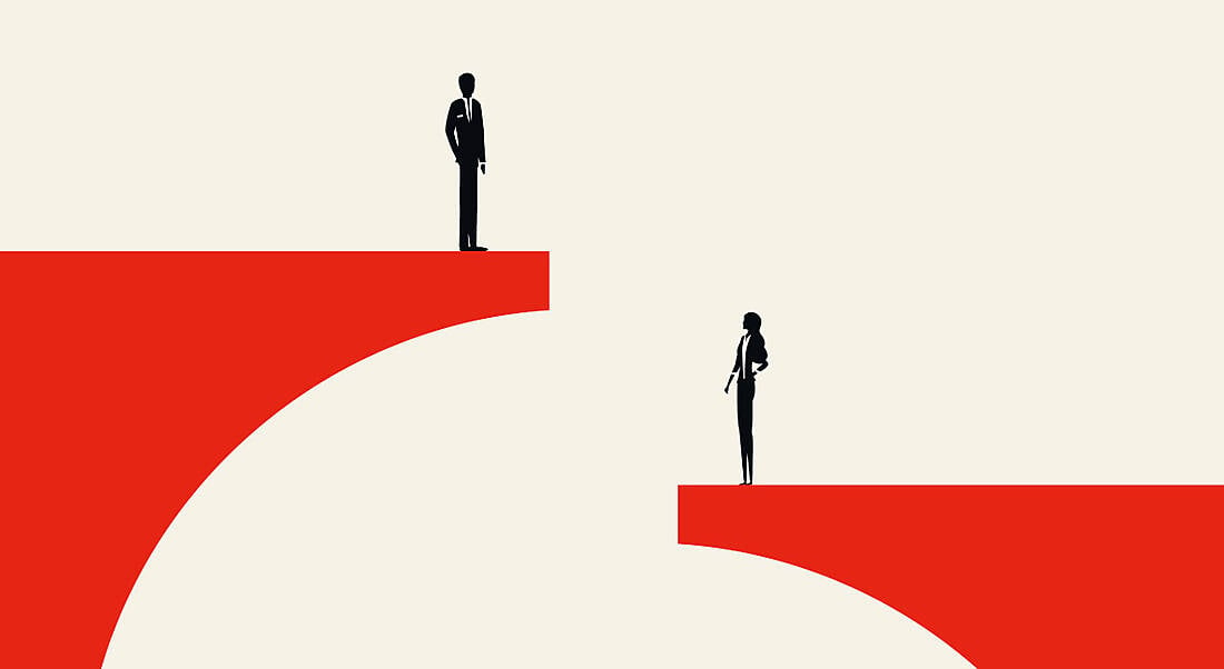 Gender pay gap cartoon with man standing on a high red ledge and woman on a low red ledge.