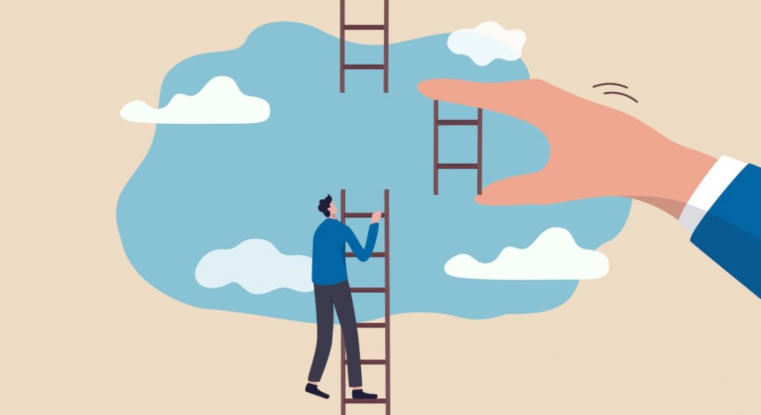 A graphic of a man climbing a ladder that has a gap in the middle. A large hand is holding the missing piece to put it back.