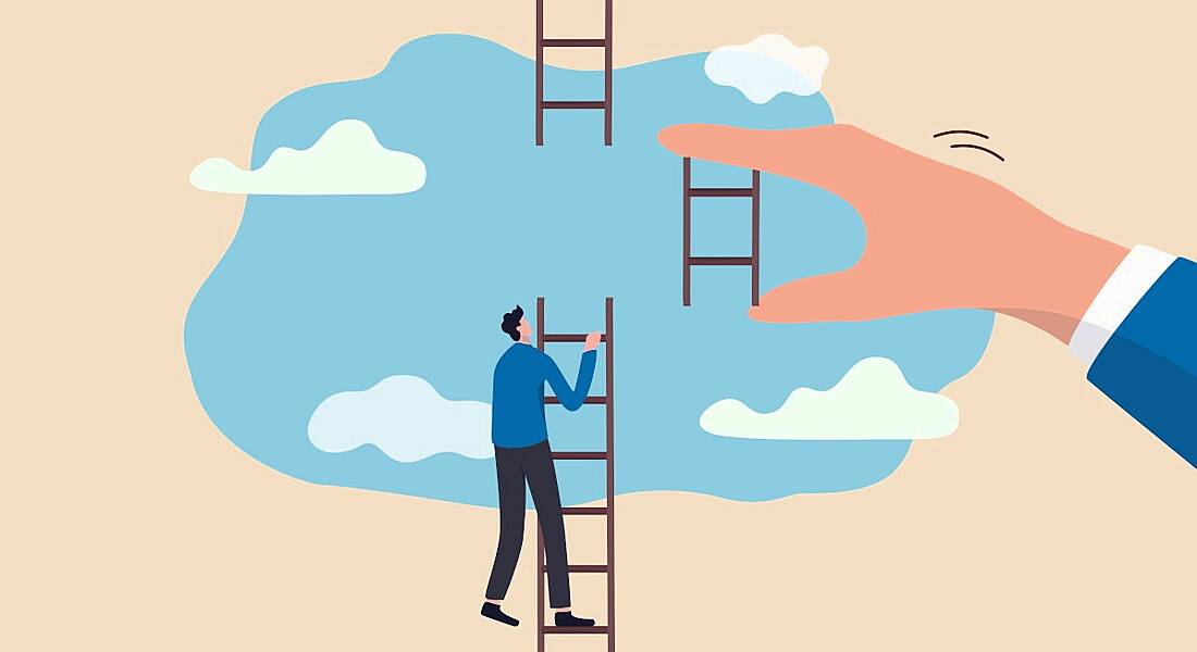 A graphic of a man climbing a ladder that has a gap in the middle. A large hand is holding the missing piece to put it back.