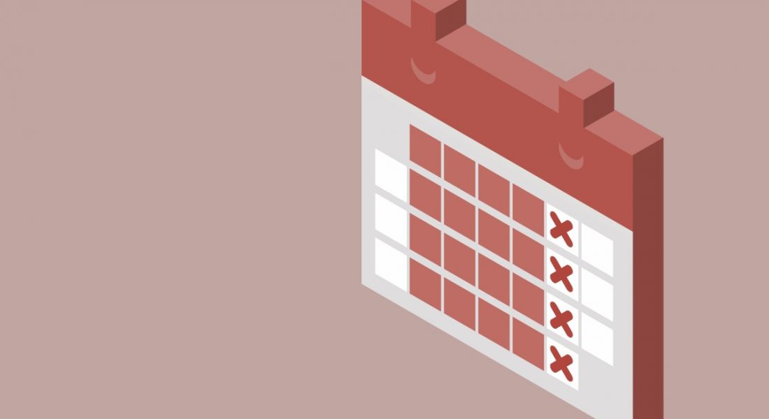 A calendar showing working days marked in red. A red ‘X’ is marked on the fifth day of each week, symbolising shorter work weeks.