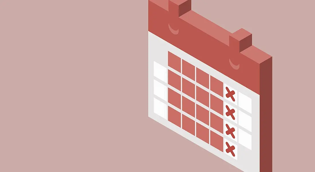 A calendar showing working days marked in red. A red ‘X’ is marked on the fifth day of each week, symbolising shorter work weeks.