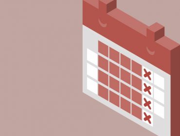 A calendar showing working days marked in red. A red ‘X’ is marked on the fifth day of each week, symbolising shorter work weeks.