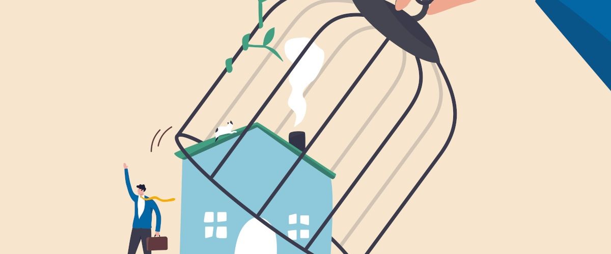 A graphic of a man leaving his house for work while a hand places a cage over the house, symbolising a return to offices.