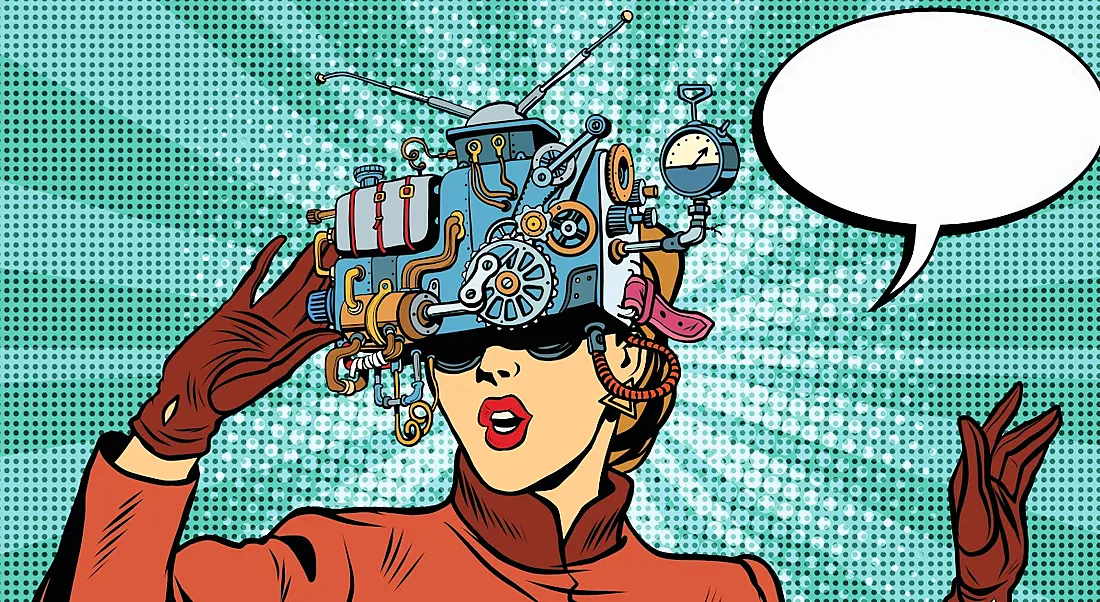 Cartoon done in a pop art style of a woman wearing a VR headset with a blank speech bubble beside her. STEAM/STEM arts concept.