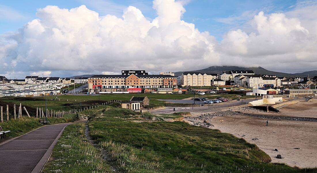 Panoramic view of Bundoran Donegal showing coastline and a view of the town on a cloudy day.