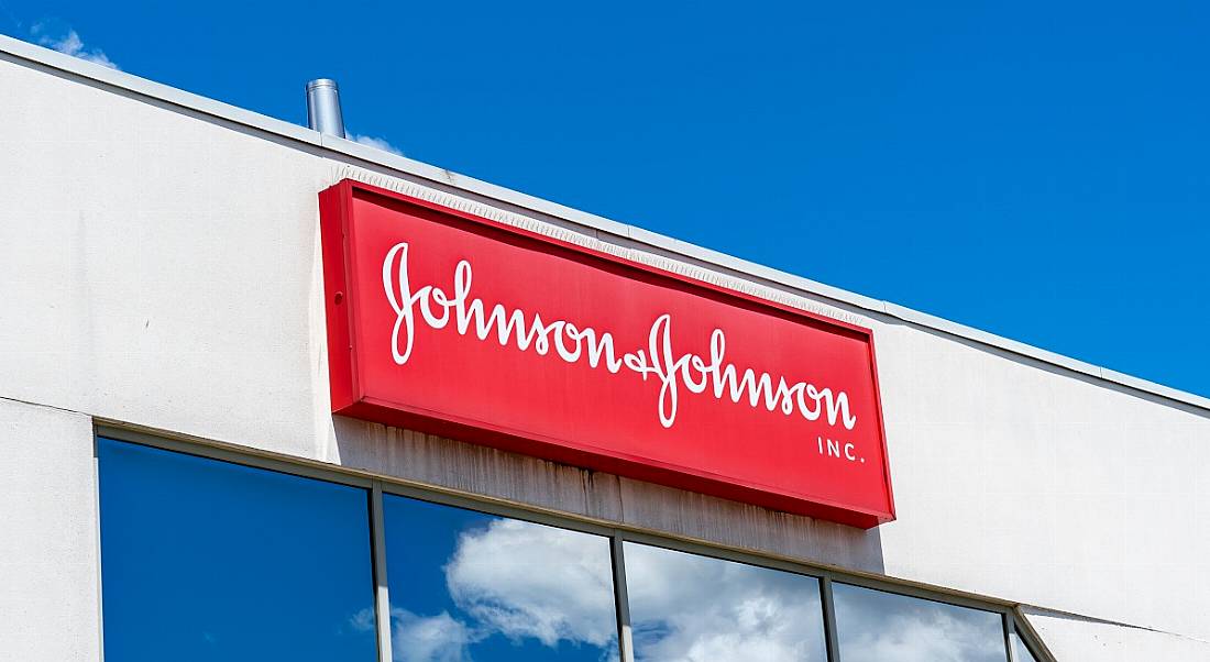 Johnson & Johnson logo in red on a white building.