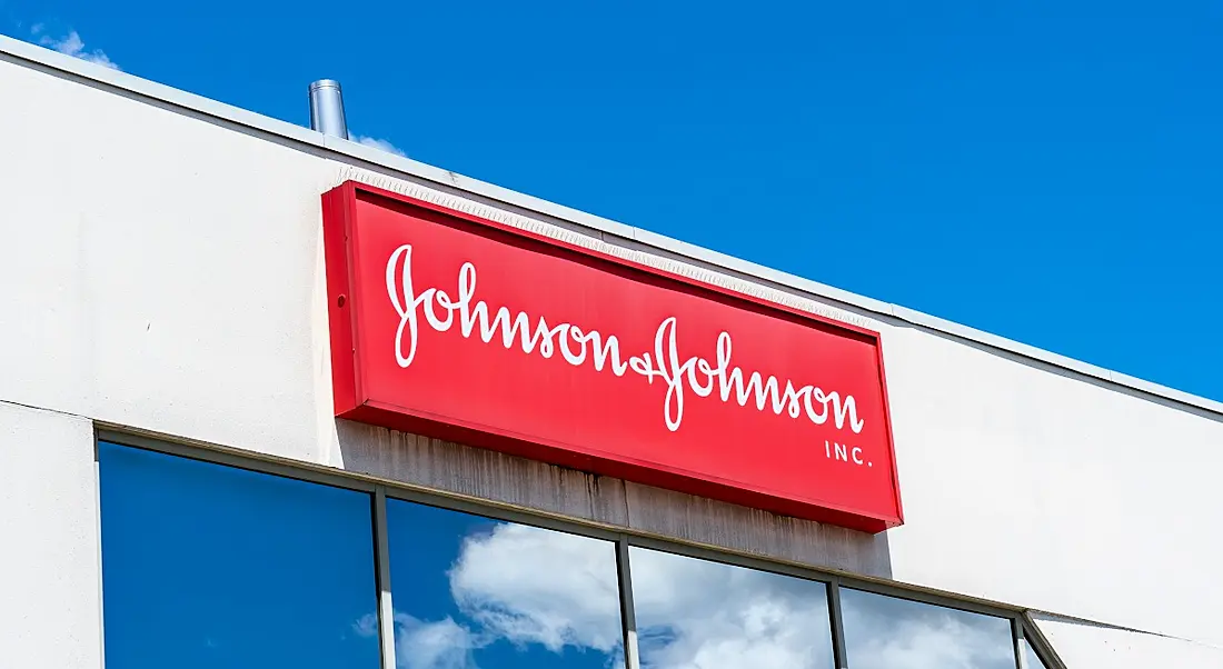 Johnson & Johnson logo in red on a white building.