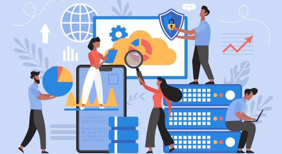 A vector illustration with several workers working with data surrounded by logos, graphs and binary code symbolising data science.