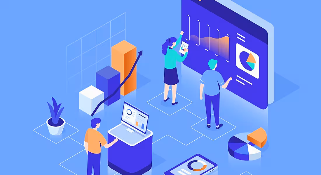 A vector image of several workers at screens working on data, depicting the work of a data scientist.