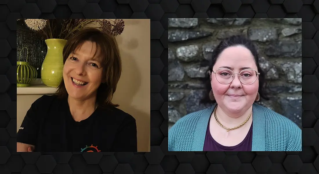 Two side-by-side profiles of women smiling at the camera.