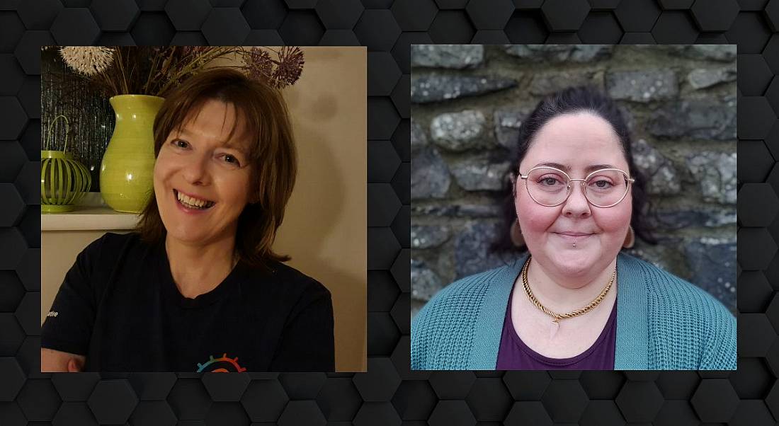 Two side-by-side profiles of women smiling at the camera.