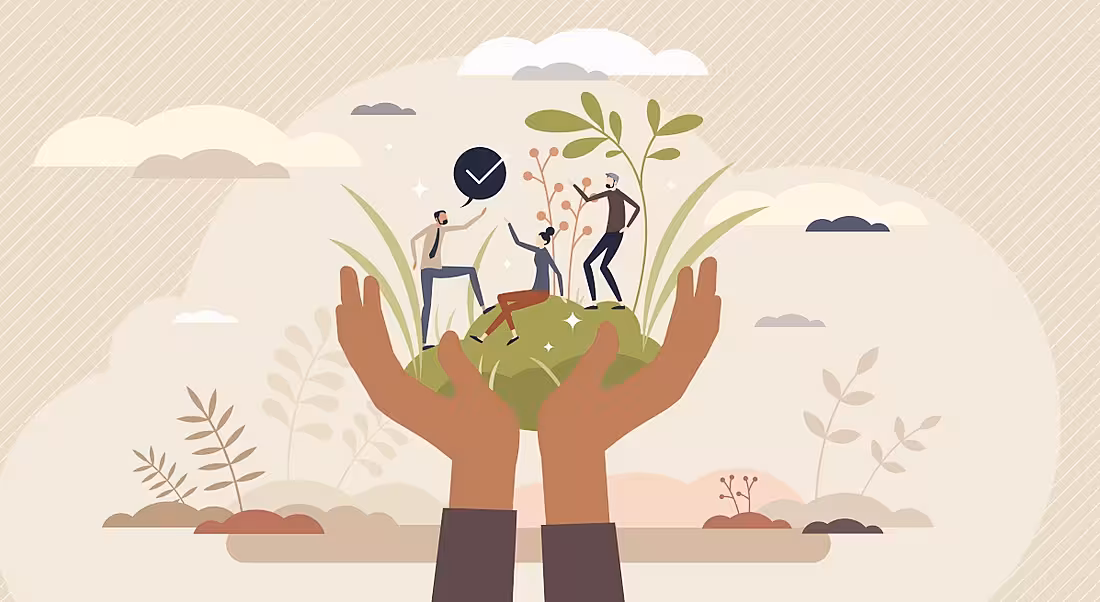 Sustainability in business cartoon featuring giant hands cradling an ecosystem of a green business.