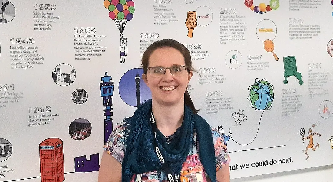 A woman smiling at the camera while standing in front of a wall that shows a timeline of the history of BT.