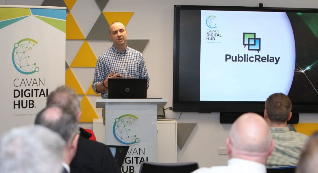 Karl Finn, director of Irish operations at PublicRelay delivering a lecture to a room of people in Cavan Digital Hub.