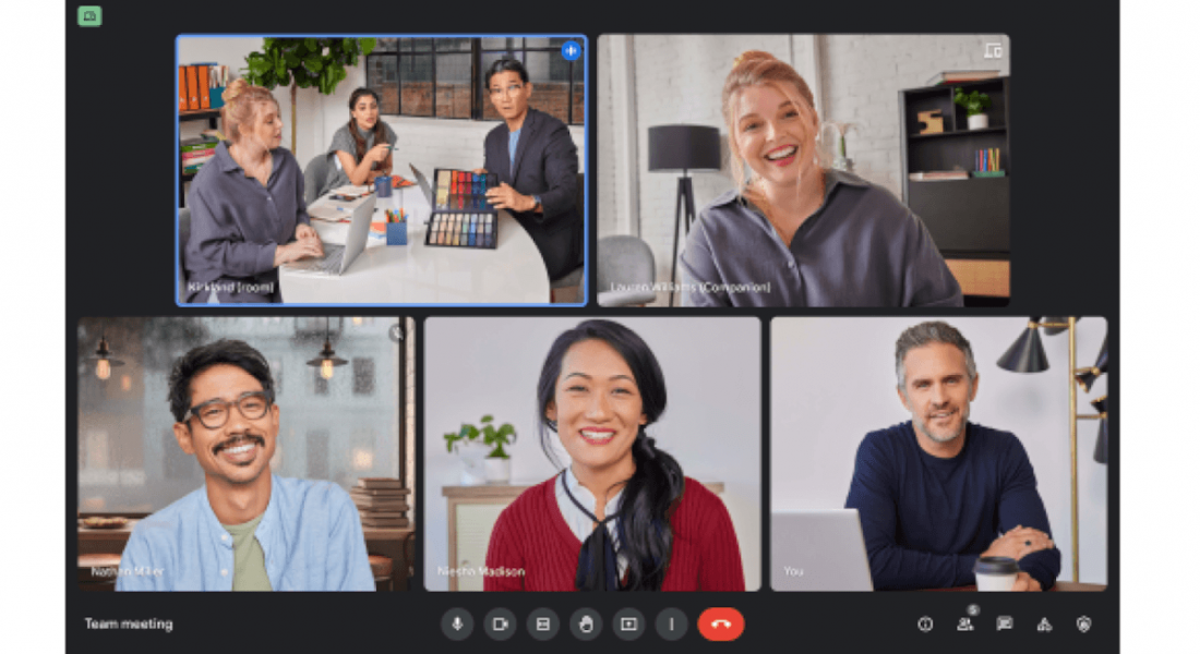 A screenshot of Google Meet a Google Workspace tool featuring five people on a virtual call.
