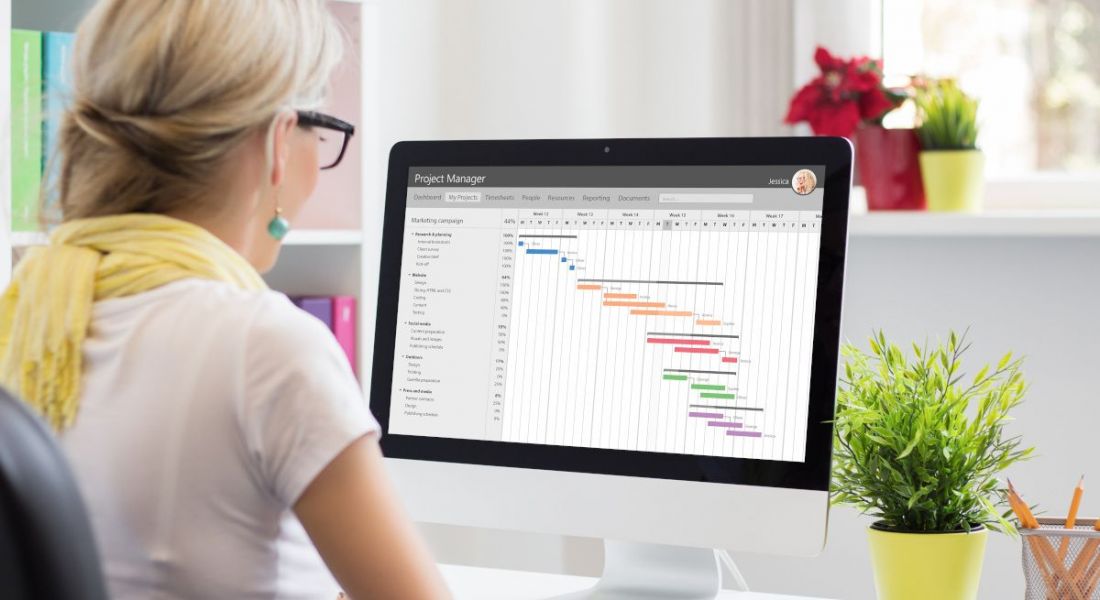 A woman working at a desk in a brightly lit office. Her computer has a project management spreadsheet open showing a colour-coded timeline.